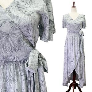 Ivy City Co Flutter Sleeve Faux Wrap Dress Silver Sage Botanical Print Size XS